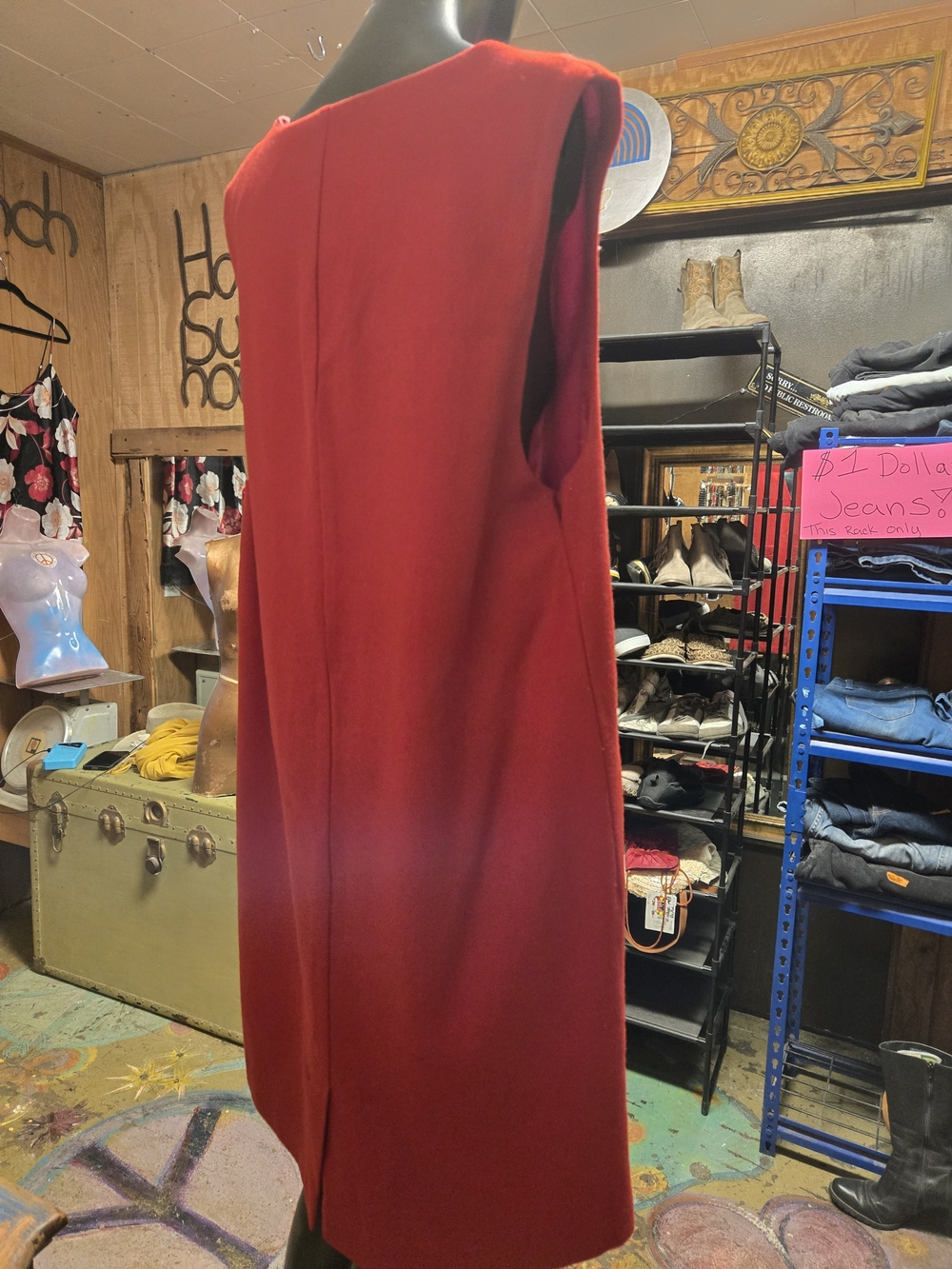 Red Sleeveless V-Neck Mini Dress with Patch Pockets - Picture 4 of 5